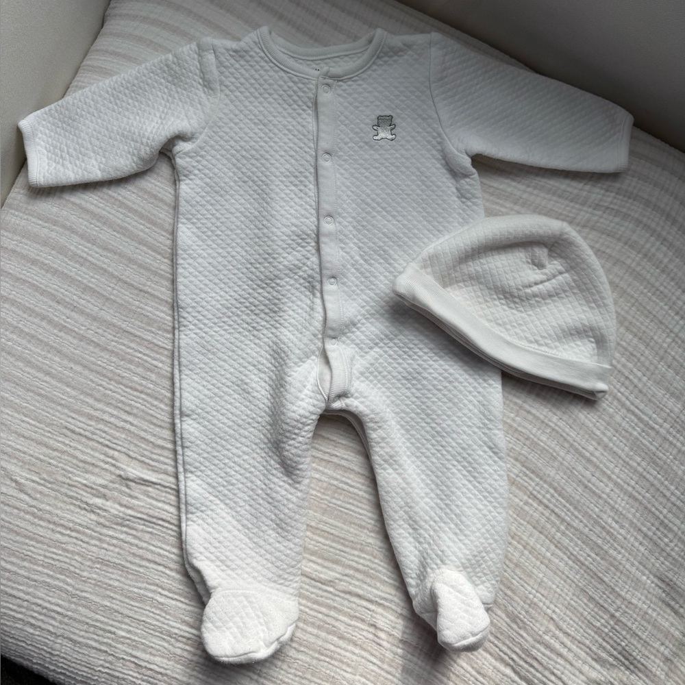 Little Me Baby Unisex Quilted Pajama Sleeper Footed 6M Bear Hat Cotton Blend